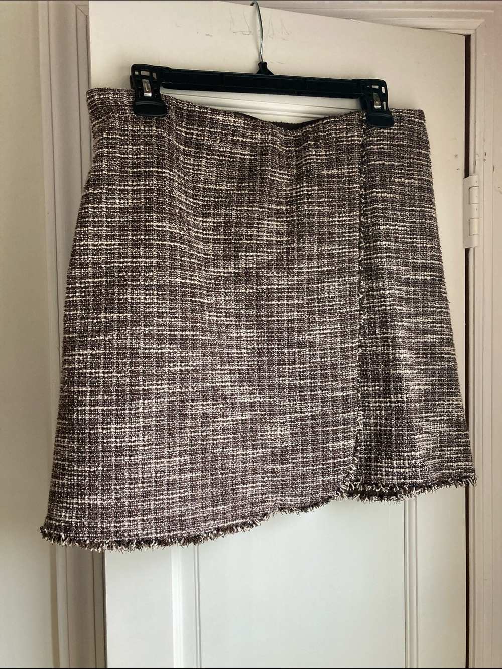 Max Studio Brown Tweed Mini Faux Wrap Skirt with Fringed Hem